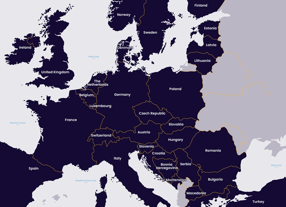 Map of 33 countries included in the Interrail railway network