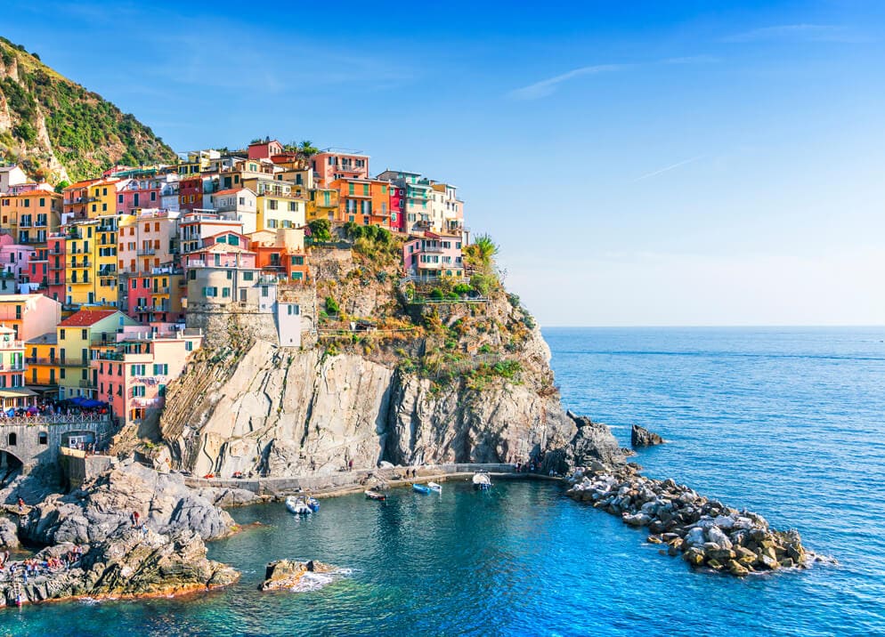 A colourful seaside town atop a hill