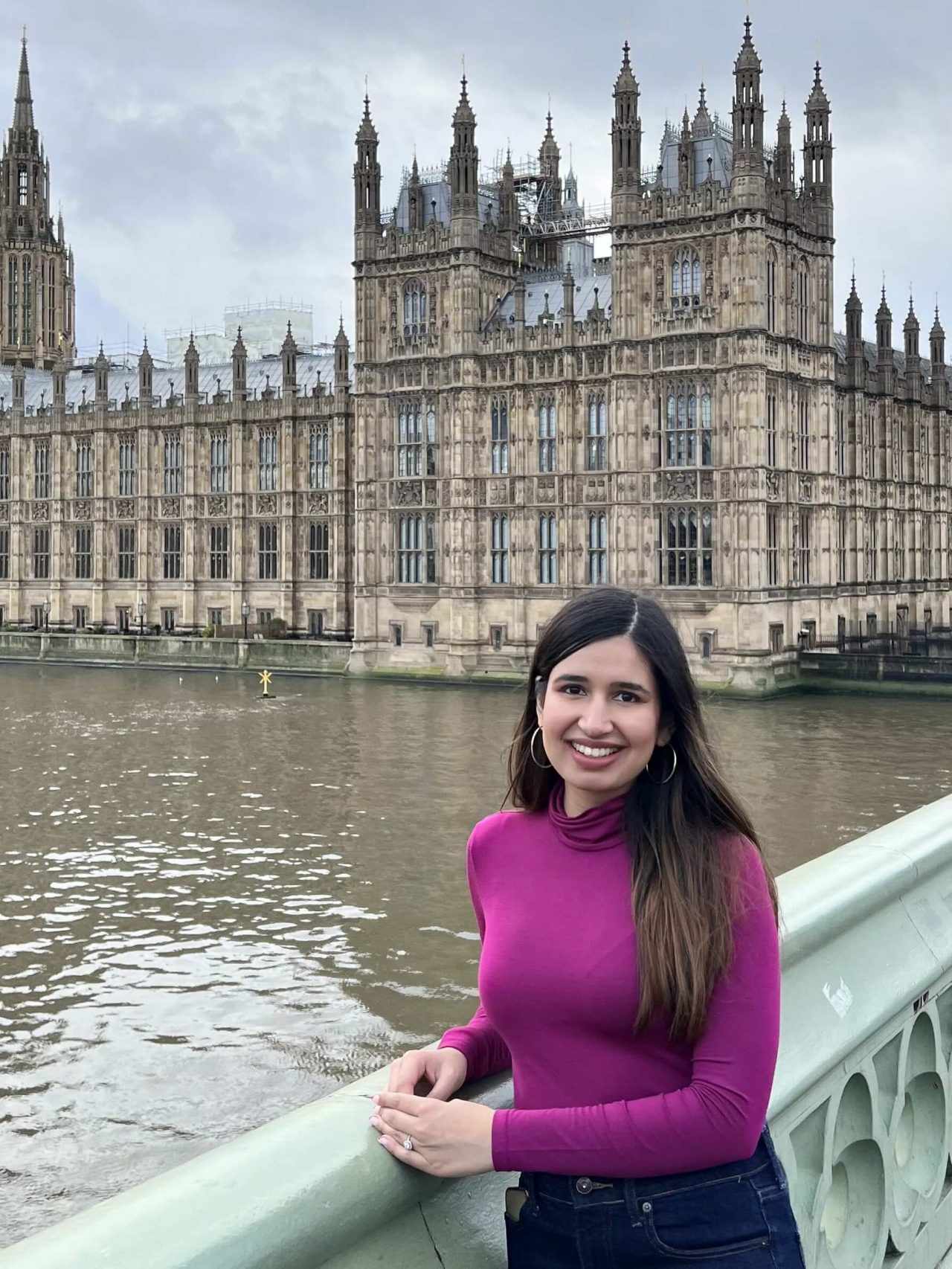 Sukriti Kapoor stands on the Westminster Bridge in London, United Kingdom