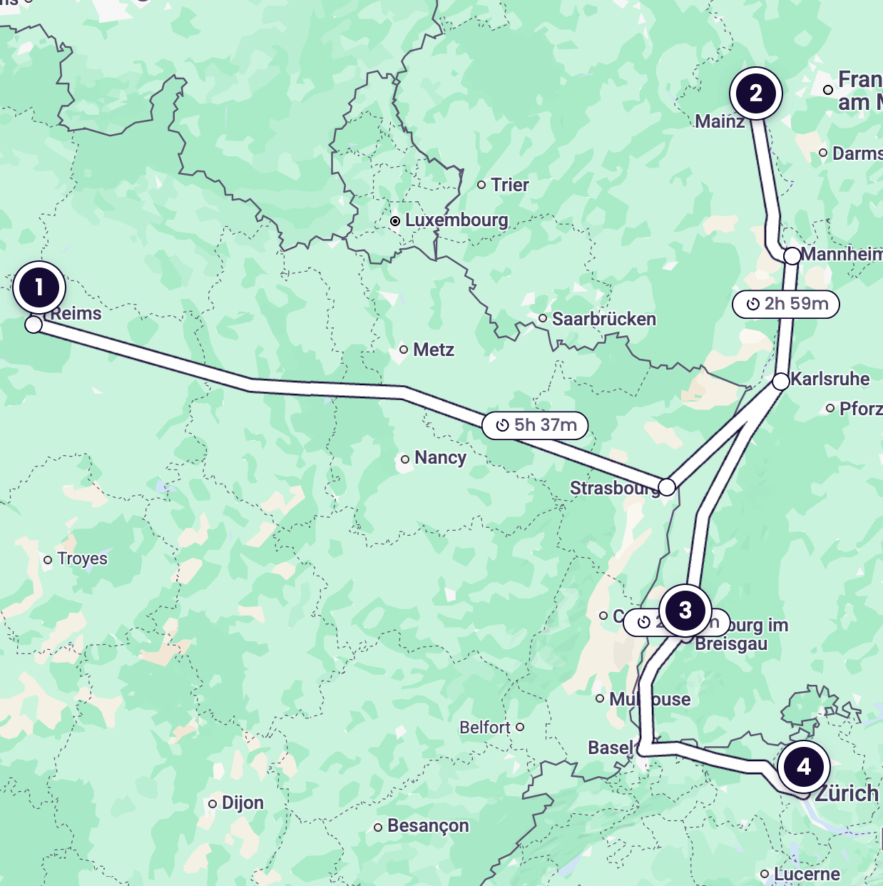 Map of itinerary from Reims in France to Zurich in Switzerland