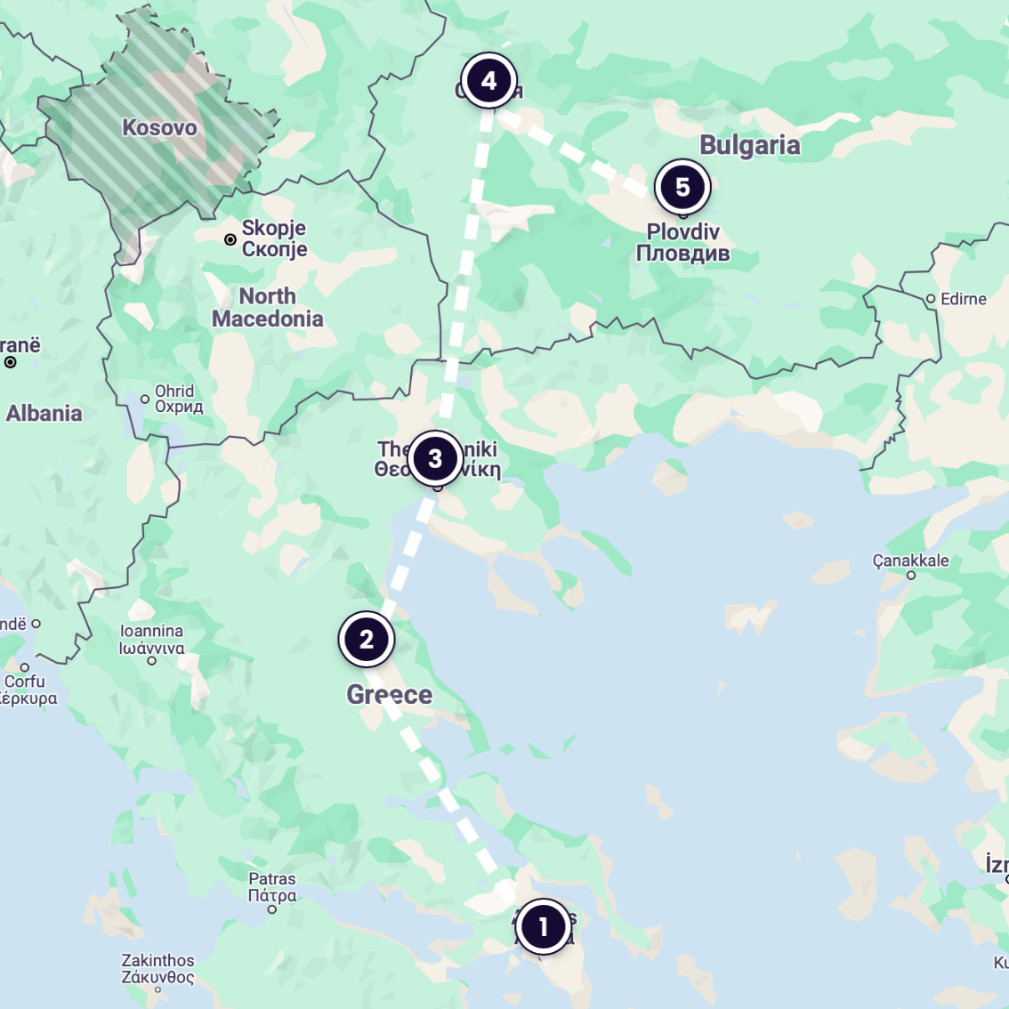 A map showing the route from Athens to Larissa to Thessaloniki to Sofia to Plovdiv