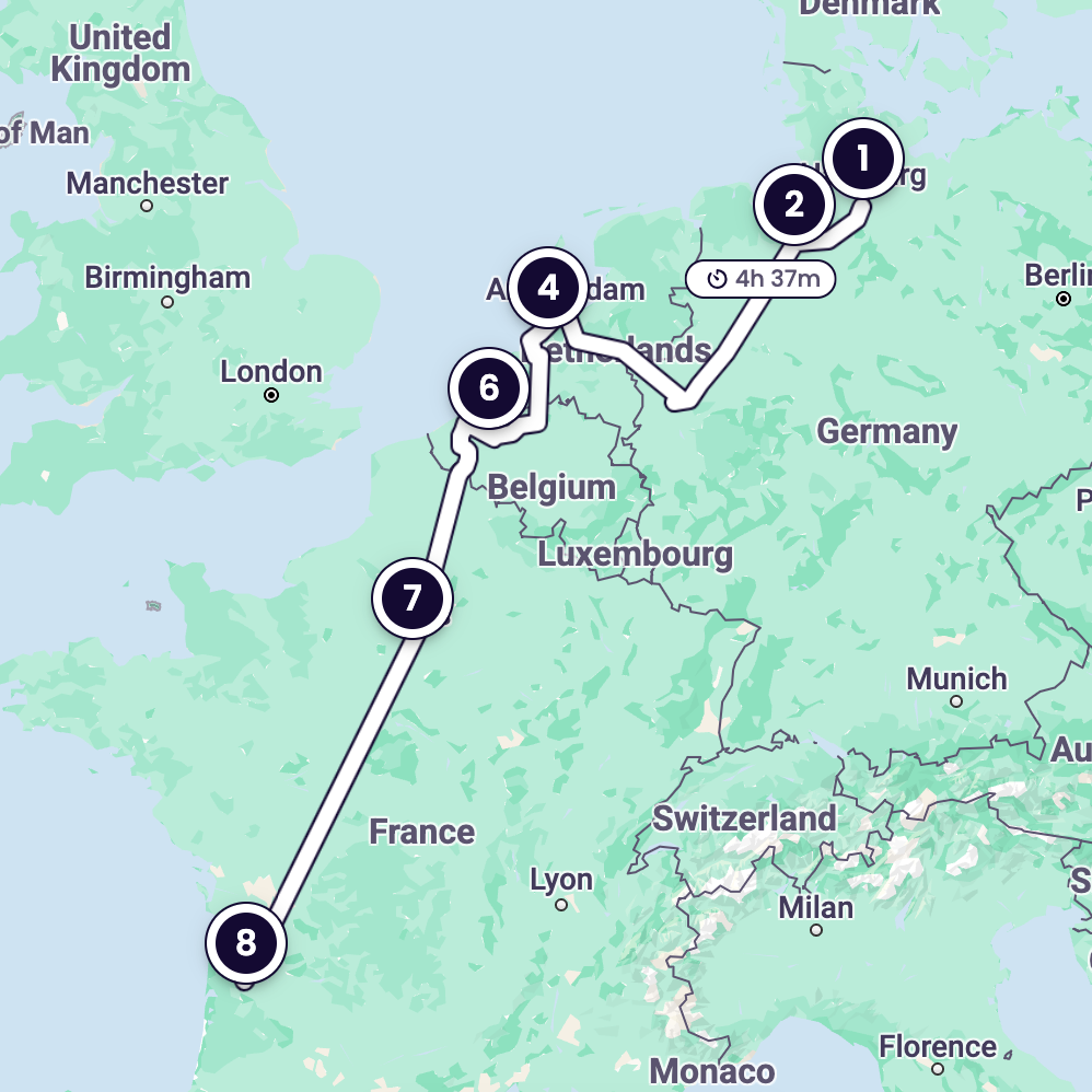 A map showing the train route from Hamburg to Bordeaux, stopping in Bremen, Amsterdam, the Hague, Ghent, Bruges, and Paris along the way