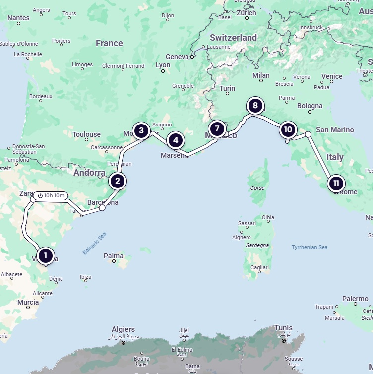 Map of the itinerary route going around the Mediterranean from west to east, starting in Spain, through France and finishing in Italy