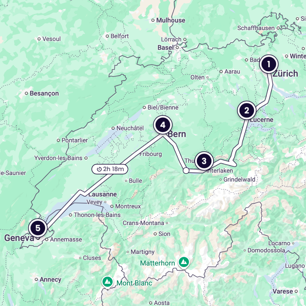 A map of a train itinerary through Switzerland